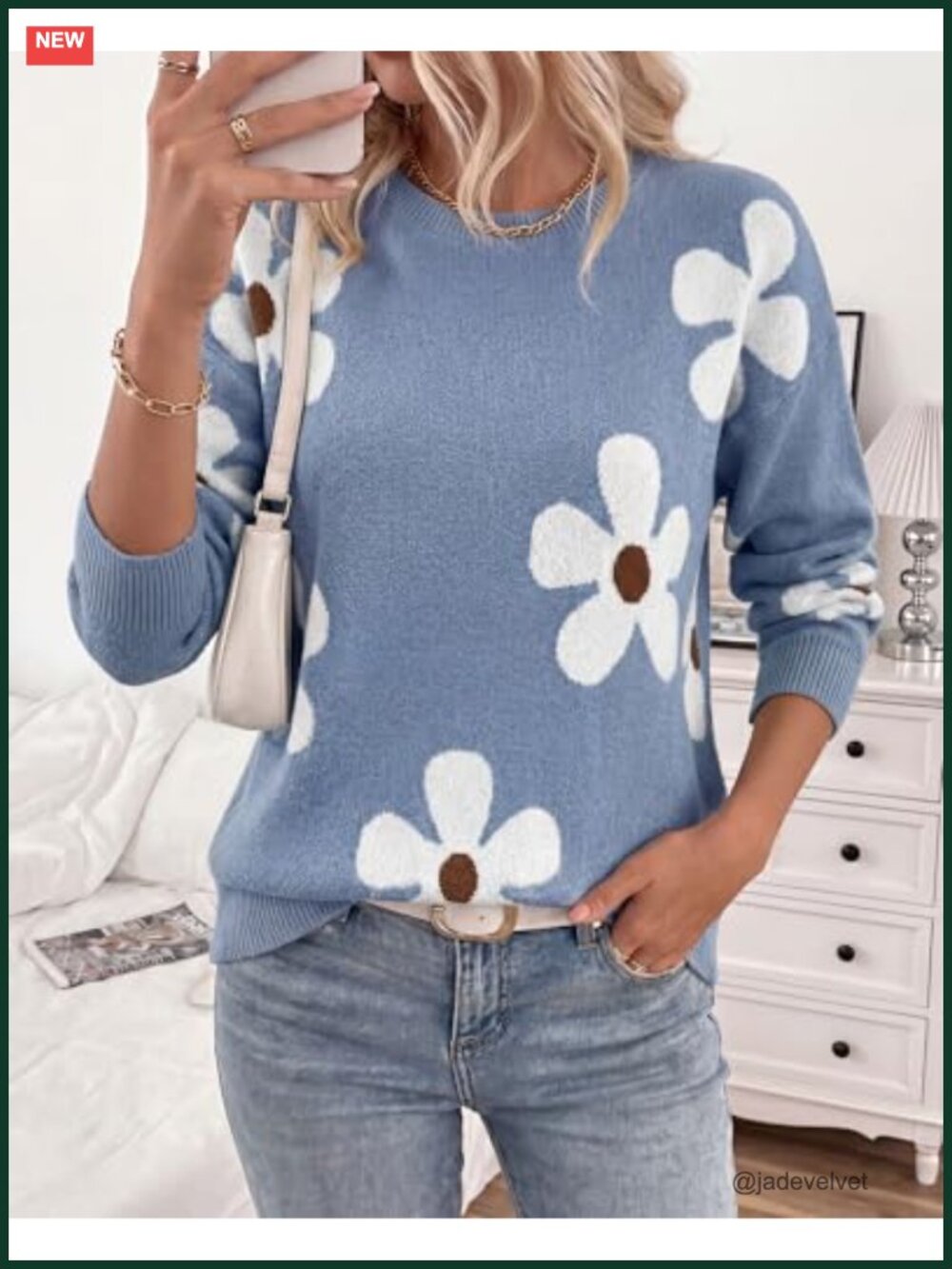 Women's Floral Chunky Knit Crewneck Pullover Sweater, Oversized Loose Fit Long - Picture 3 of 6